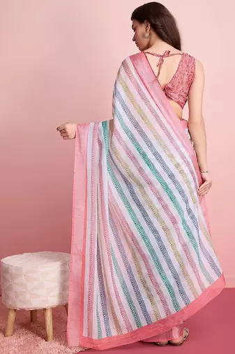 Blue printed linen casual saree with blouse piece