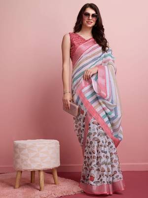 Blue printed linen casual saree with blouse piece 4