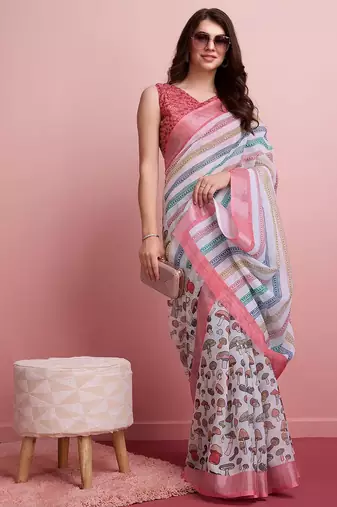Blue printed linen casual saree with blouse piece