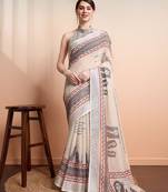 Cream printed linen casual saree with blouse piece