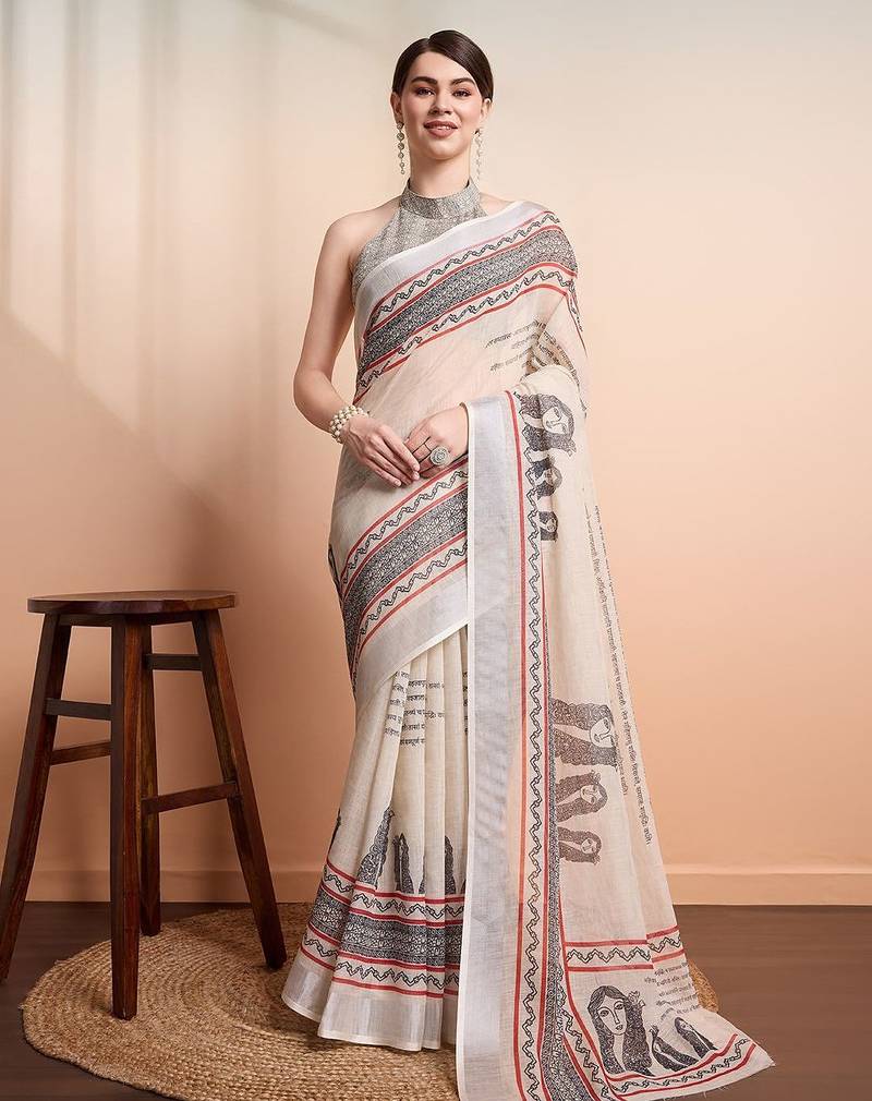 Cream printed linen casual saree with blouse piece