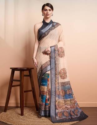 Cream printed linen casual saree with blouse piece 1