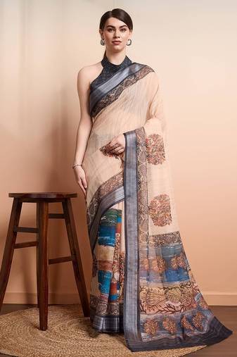 Cream printed linen casual saree with blouse piece