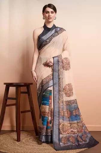 Cream printed linen casual saree with blouse piece