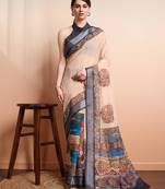 Cream printed linen casual saree with blouse piece