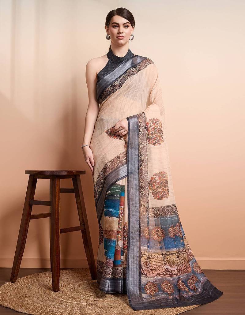 Cream printed linen casual saree with blouse piece