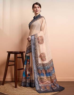 Cream printed linen casual saree with blouse piece 2