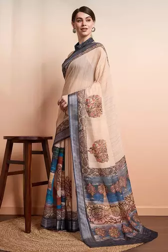 Cream printed linen casual saree with blouse piece