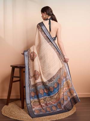 Cream printed linen casual saree with blouse piece 3