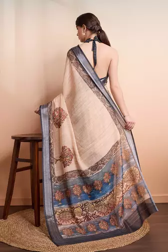 Cream printed linen casual saree with blouse piece