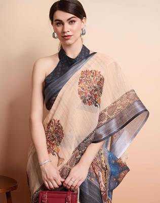 Cream printed linen casual saree with blouse piece 4