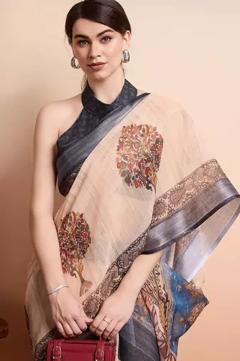 Cream printed linen casual saree with blouse piece