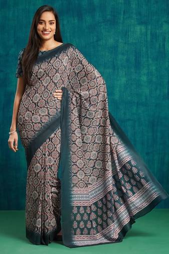 Navy blue printed blended cotton designer saree with blouse piece