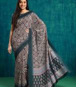 Navy blue printed blended cotton designer saree with blouse piece