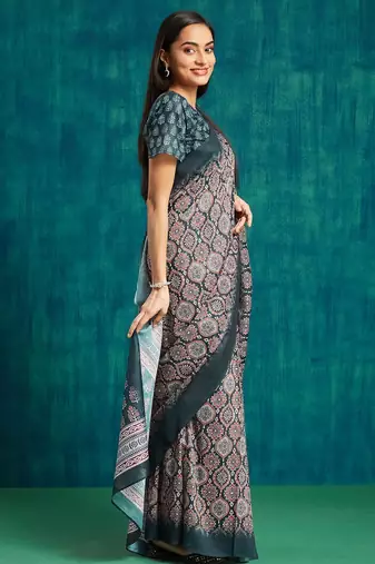 Navy blue printed blended cotton designer saree with blouse piece