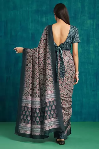 Navy blue printed blended cotton designer saree with blouse piece