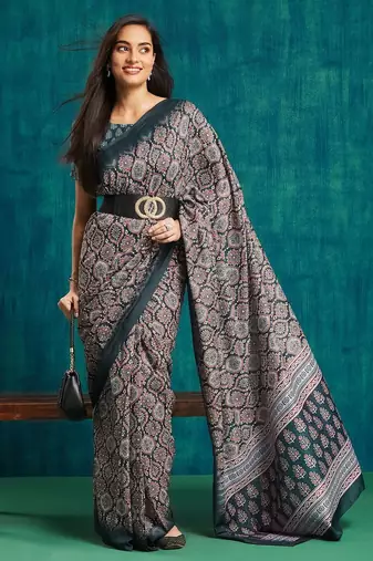 Navy blue printed blended cotton designer saree with blouse piece