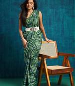 Green printed blended cotton designer saree with blouse piece