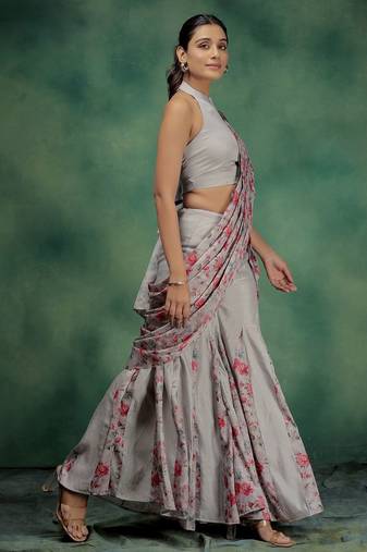 Pink printed silk blend ethnic saree with blouse piece