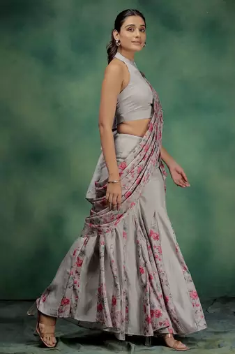 Pink printed silk blend ethnic saree with blouse piece