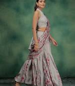 Pink printed silk blend ethnic saree with blouse piece