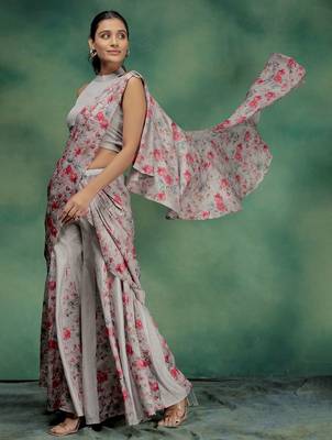Pink printed silk blend ethnic saree with blouse piece 2