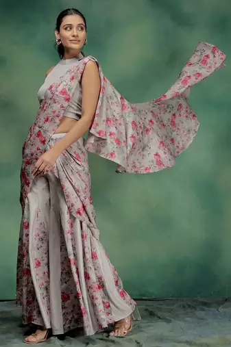 Pink printed silk blend ethnic saree with blouse piece