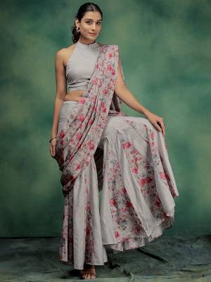 Pink printed silk blend ethnic saree with blouse piece 3