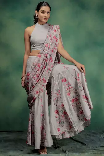 Pink printed silk blend ethnic saree with blouse piece