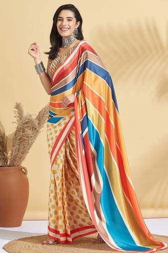 Yellow printed crepe casual saree with blouse piece