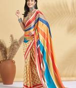 Yellow printed crepe casual saree with blouse piece