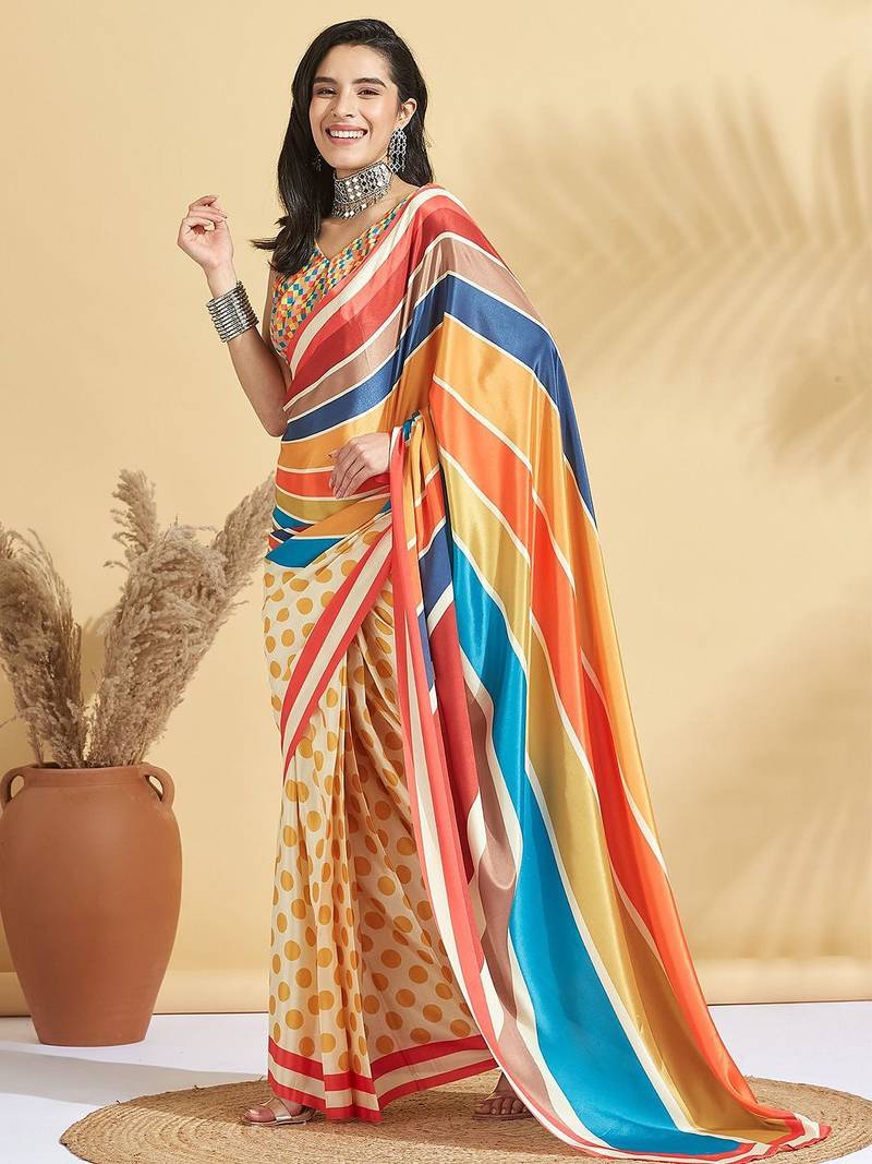 Yellow printed crepe casual saree with blouse piece