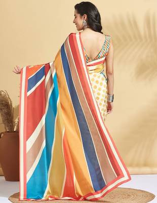 Yellow printed crepe casual saree with blouse piece 2