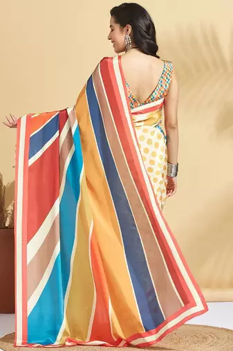 Yellow printed crepe casual saree with blouse piece