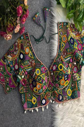 Women's dark green mirror work navratri blouse | heavy gamthi embroidery italian silk choli