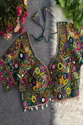 Women's dark green mirror work navratri blouse | heavy gamthi embroidery italian silk choli