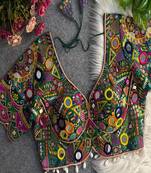 Women's dark green mirror work navratri blouse | heavy gamthi embroidery italian silk choli