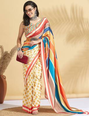 Yellow printed crepe casual saree with blouse piece 3