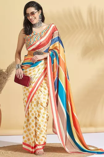 Yellow printed crepe casual saree with blouse piece