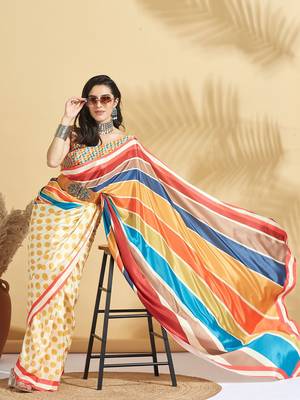 Yellow printed crepe casual saree with blouse piece 4