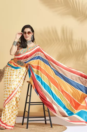 Yellow printed crepe casual saree with blouse piece