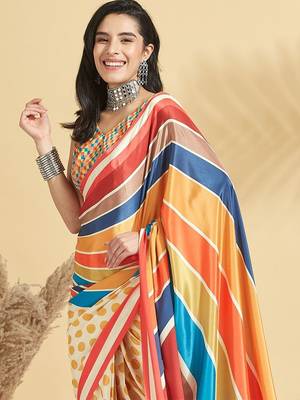 Yellow printed crepe casual saree with blouse piece 5