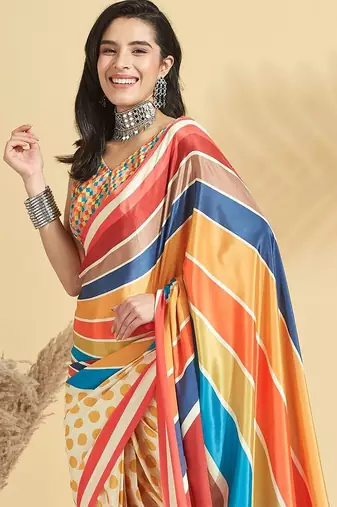 Yellow printed crepe casual saree with blouse piece
