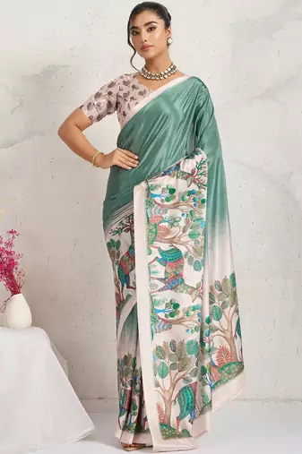 Teal printed satin fashion saree with blouse piece