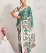 Teal printed satin fashion saree with blouse piece