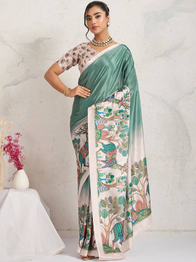 Teal printed satin fashion saree with blouse piece