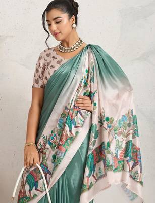 Teal printed satin fashion saree with blouse piece 2
