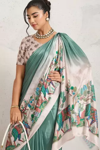 Teal printed satin fashion saree with blouse piece