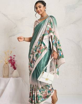 Teal printed satin fashion saree with blouse piece 3