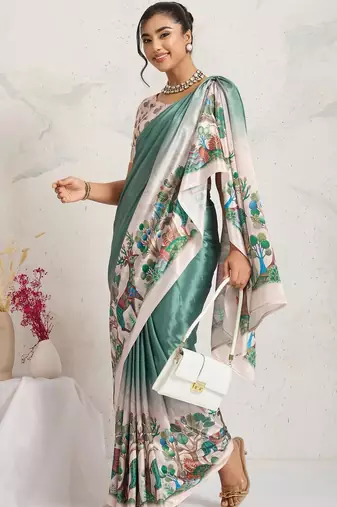 Teal printed satin fashion saree with blouse piece